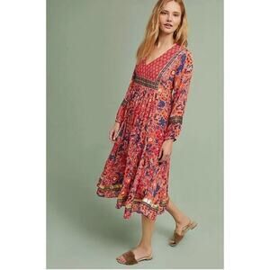 Anthropologie‎ RD & Koko Red Boho Floral Peasant Dress V-Neck Size Large
